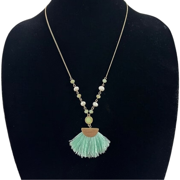 Mint Green and Pearl Long Pendant Necklace - Picture 1 of 9